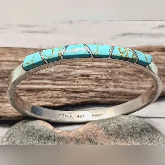 Taxco Vintage Turquoise Inlay Sterling Hallmarked & Stamped .925 Hinged Bracelet